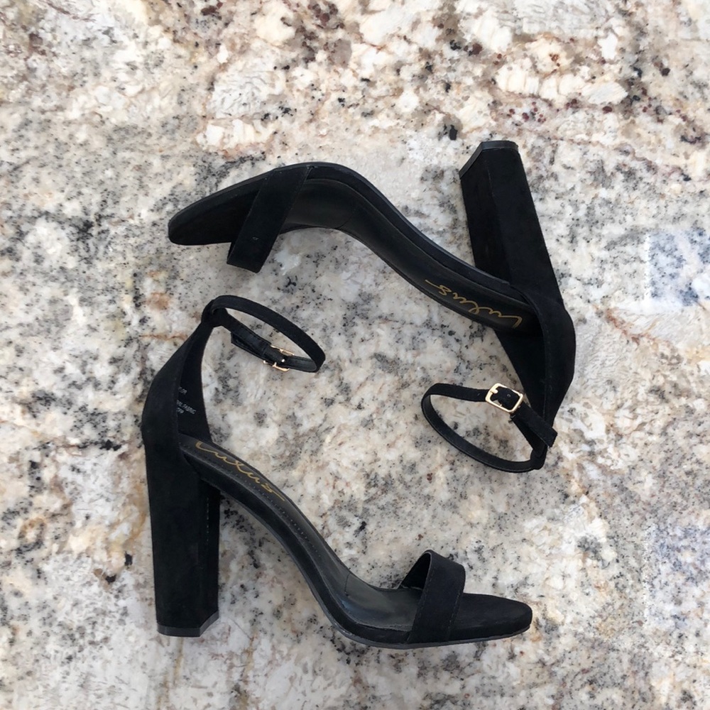 Taylor Black Suede Ankle Strap Heels